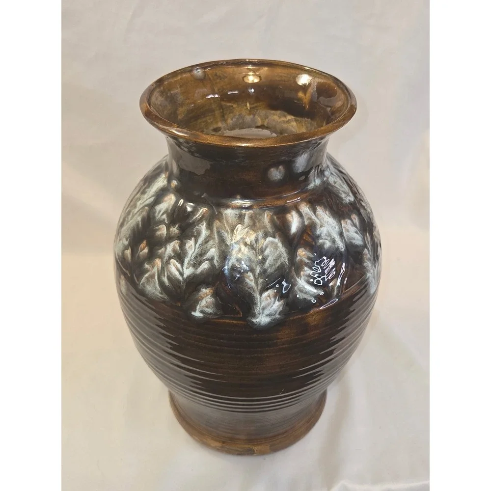 Vintage Brown & White Glossy Pottery Vase Leaf Pattern, Incised PG  12/14/1979